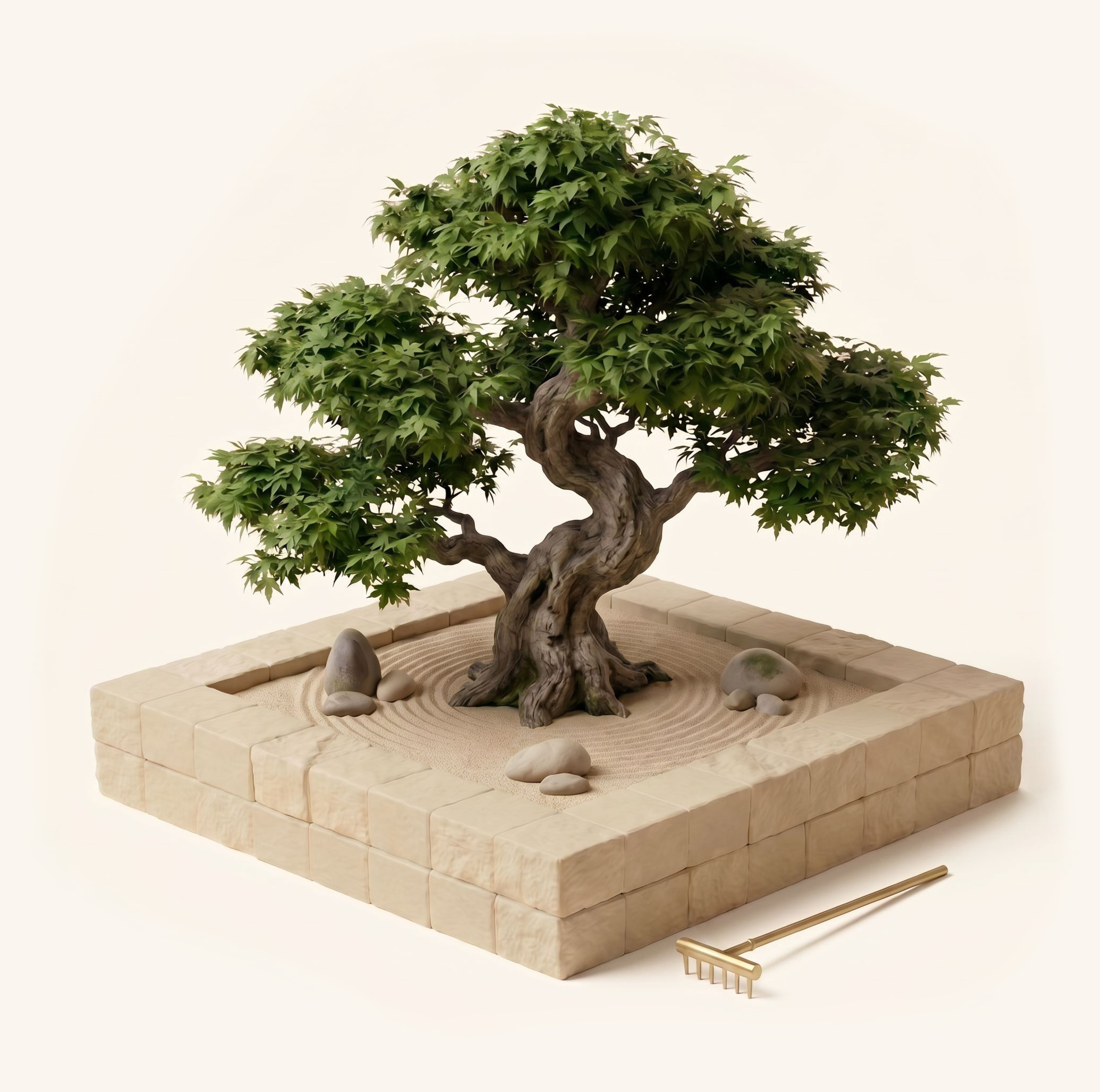 Zen-ogród z bonsai i grabionym piaskiem w kamiennej ramie ze złotymi grabkami — spokojne, uporządkowane przywództwo